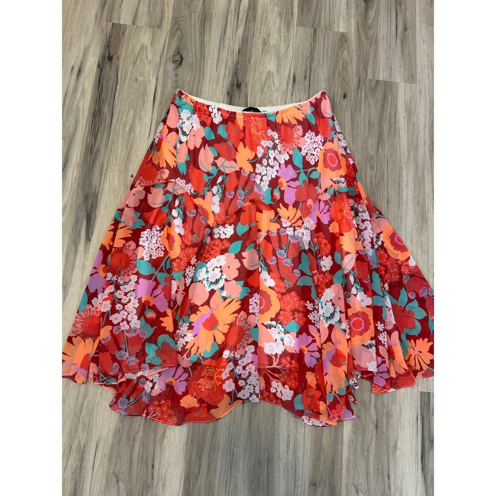 Size 1X – Bob Mackie Wearable Art Handkerchief Hem Floral Midi Skirt
